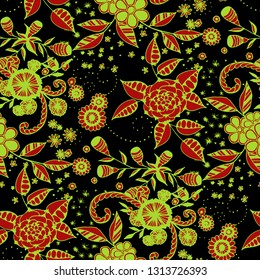Small Flowers. Seamless Pattern in Country Style. Autumn Floral Texture with Hand Drawn Doodle Blossoms, Leaves and Buds. Small Natural Rapport for Fabric, Cloth, Textile. Vector.