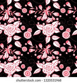 Small Flowers. Seamless Pattern in Country Style. Spring Floral Texture with Hand Drawn Doodle Blossoms, Leaves and Buds. Small Natural Rapport for Fabric, Cloth, Textile. Vector.