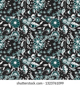 Small Flowers. Seamless Pattern in Country Style. Summer Floral Texture with Hand Drawn Doodle Blossoms, Leaves and Buds. Small Natural Rapport for Dress, Print, Cotton. Vector Zentangle.