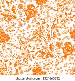Small Flowers. Seamless Pattern in Country Style. Autumn Floral Texture with Hand Drawn Doodle Blossoms, Leaves and Buds. Small Natural Rapport for Chintz, Linen, Calico. Vector Zentangle.
