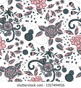 Small Flowers. Seamless Pattern in Country Style. Spring Floral Texture with Hand Drawn Doodle Blossoms, Leaves and Buds. Small Natural Rapport for Chintz, Cotton, Calico. Vector.