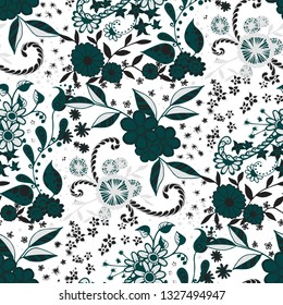 Small Flowers. Seamless Pattern in Country Style. Summer Floral Texture with Hand Drawn Doodle Blossoms, Leaves and Buds. Small Natural Rapport for Print, Cotton, Calico. Vector Zentangle.