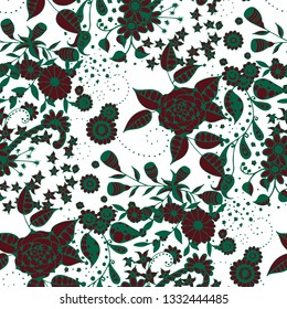 Small Flowers. Seamless Pattern in Country Style. Spring Floral Texture with Hand Drawn Doodle Blossoms, Leaves and Buds. Small Natural Rapport for Dress, Print, Paper. Vector.