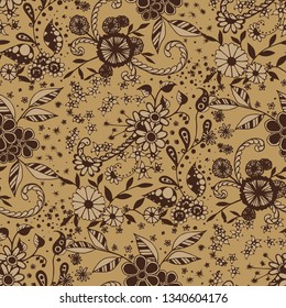 Small Flowers. Seamless Pattern in Country Style. Spring Floral Texture with Hand Drawn Doodle Blossoms, Leaves and Buds. Small Natural Rapport for Dress, Cloth, Paper. Vector Zentangle.