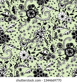 Small Flowers. Seamless Pattern in Country Style. Summer Floral Texture with Hand Drawn Doodle Blossoms, Leaves and Buds. Small Natural Rapport for Print, Cotton, Calico. Vector Zentangle.