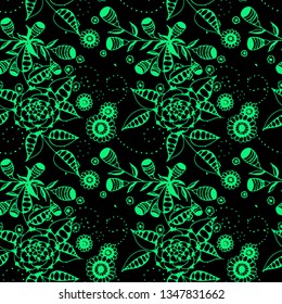 Small Flowers. Seamless Pattern in Country Style. Summer Floral Texture with Hand Drawn Doodle Blossoms, Leaves and Buds. Small Natural Rapport for Fabric, Linen, Textile. Vector.