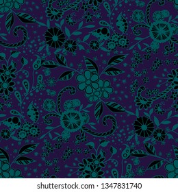 Small Flowers. Seamless Pattern in Country Style. Autumn Floral Texture with Hand Drawn Doodle Blossoms, Leaves and Buds. Small Natural Rapport for Fabric, Linen, Textile. Vector Zentangle.