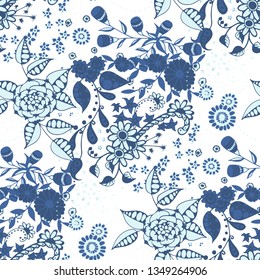 Small Flowers. Seamless Pattern in Country Style. Spring Floral Texture with Hand Drawn Doodle Blossoms, Leaves and Buds. Small Natural Rapport for Print, Cotton, Calico. Vector.
