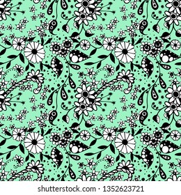 Small Flowers. Seamless Pattern in Country Style. Spring Floral Texture with Hand Drawn Doodle Blossoms, Leaves and Buds. Small Natural Rapport for Chintz, Linen, Textile. Vector Zentangle.