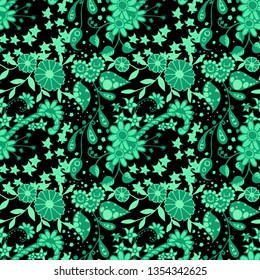 Small Flowers. Seamless Pattern in Country Style. Autumn Floral Texture with Hand Drawn Doodle Blossoms, Leaves and Buds. Small Natural Rapport for Dress, Print, Cotton. Vector Zentangle.