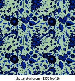 Small Flowers. Seamless Pattern in Country Style. Summer Floral Texture with Hand Drawn Doodle Blossoms, Leaves and Buds. Small Natural Rapport for Chintz, Linen, Textile. Vector Zentangle.