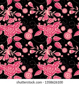 Small Flowers. Seamless Pattern in Country Style. Autumn Floral Texture with Hand Drawn Doodle Blossoms, Leaves and Buds. Small Natural Rapport for Dress, Cloth, Paper. Vector.