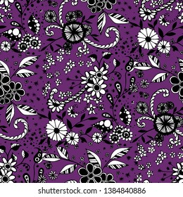 Small Flowers. Seamless Pattern in Country Style. Autumn Floral Texture with Hand Drawn Doodle Blossoms, Leaves and Buds. Small Natural Rapport for Chintz, Cotton, Calico. Vector Zentangle.