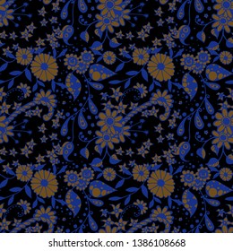 Small Flowers. Seamless Pattern in Country Style. Summer Floral Texture with Hand Drawn Doodle Blossoms, Leaves and Buds. Small Natural Rapport for Fabric, Cloth, Paper. Vector Zentangle.