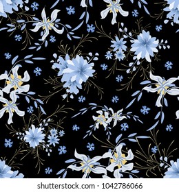 Small Flowers. Seamless Pattern with Cute Daisy Flowers and Pansies. Delicate Texture in Rustic Style for Cloth, Textile, Wallpaper. Vector Spring Rapport.