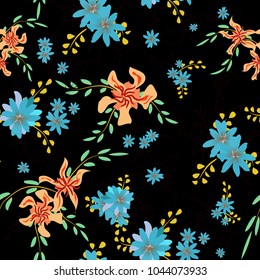 Small Flowers. Seamless Pattern with Cute Daisy Flowers and Pansies. Pretty Texture in Country Style for Curtains, Calico, Textile. Vector Spring Rapport.