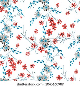 Small Flowers. Seamless Pattern with Cute Daisy Flowers and Pansies. Girlie Texture in Rustic Style for Curtains, Print, Textile. Vector Spring Rapport.