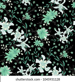 Small Flowers. Seamless Pattern with Cute Daisy Flowers and Pansies. Girlie Texture in Rustic Style for Linen, Textile, Wallpaper. Vector Spring Rapport.