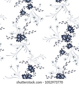 Small Flowers. Seamless Pattern with Cute Daisy Flowers and Pansies. Pretty Texture in Rustic Style for Linen, Textile, Chintz. Vector Spring Rapport.