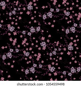 Small Flowers. Seamless Pattern with Cute Daisy Flowers and Pansies. Feminine Texture in Rustic Style for Cloth, Textile, Wallpaper. Vector Spring Rapport.