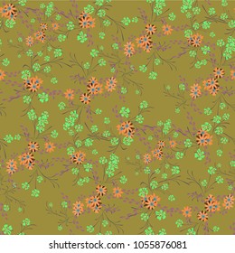 Small Flowers. Seamless Pattern with Cute Daisy Flowers and Pansies. Pretty Texture in Liberty Style for Linen, Textile, Wallpaper. Vector Spring Rapport.