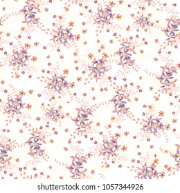 Small Flowers. Seamless Pattern with Cute Wildflowers. Girlie Natural Background in Liberty Style with Small Blossoms of Daisy Flowers. Vector Ditsy Pattern for Textile, Chintz. Floral Texture