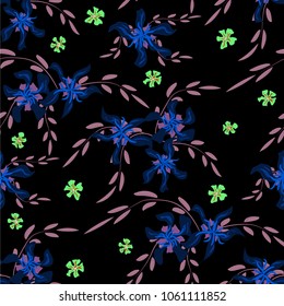 Small Flowers. Seamless Pattern with Cute Daisy Flowers and Pansies. Trendy Texture in Rustic Style for Fabric, Calico, Chintz. Vector Spring Rapport.