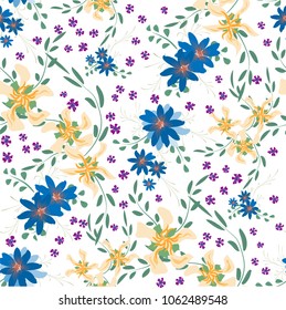 Small Flowers. Seamless Pattern with Cute Daisy Flowers and Pansies. Delicate Texture in Liberty Style for Curtains, Calico, Paper. Vector Spring Rapport.