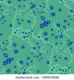 Small Flowers. Seamless Pattern with Cute Daisy Flowers and Pansies. Pretty Texture in Rustic Style for Fabric, Calico, Chintz. Vector Spring Rapport.