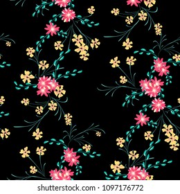 Small Flowers. Seamless Pattern with Cute Daisy Flowers and Pansies. Girlie Texture in Liberty Style for Curtains, Print, Textile. Vector Spring Rapport.