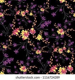 Small Flowers. Seamless Pattern with Cute Daisy Flowers and Pansies. Feminine Texture in Rustic Style for Fabric, Calico, Paper. Vector Spring Rapport.