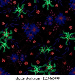 Small Flowers. Seamless Pattern with Cute Daisy Flowers and Pansies. Pretty Texture in Country Style for Fabric, Calico, Paper. Vector Spring Rapport.