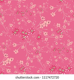 Small Flowers. Seamless Pattern with Cute Daisy Flowers and Pansies. Trendy Texture in Rustic Style for Linen, Textile, Wallpaper. Vector Spring Rapport.