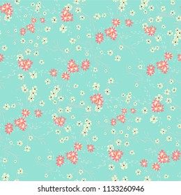 Small Flowers. Seamless Pattern with Cute Daisy Flowers and Pansies. Pretty Texture in Country Style for Fabric, Calico, Chintz. Vector Spring Rapport.