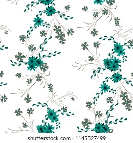 Small Flowers. Seamless Pattern with Cute Daisy Flowers and Pansies. Trendy Texture in Liberty Style for Fabric, Calico, Chintz. Vector Spring Rapport.