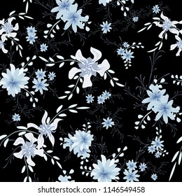 Small Flowers. Seamless Pattern with Cute Daisy Flowers and Pansies. Feminine Texture in Rustic Style for Cloth, Textile, Wallpaper. Vector Spring Rapport.