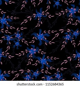 Small Flowers. Seamless Pattern with Cute Daisy Flowers and Pansies. Delicate Texture in Country Style for Curtains, Calico, Textile. Vector Spring Rapport.