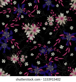 Small Flowers. Seamless Pattern with Cute Daisy Flowers and Pansies. Pretty Texture in Country Style for Linen, Textile, Chintz. Vector Spring Rapport.