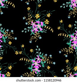 Small Flowers. Seamless Pattern with Cute Wildflowers. Girlie Natural Background in Rustic Style with Small Blossoms of Daisy Flowers. Vector Ditsy Pattern for Textile, Chintz. Floral Texture