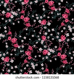 Small Flowers. Seamless Pattern with Cute Daisy Flowers and Pansies. Trendy Texture in Country Style for Curtains, Calico, Paper. Vector Spring Rapport.