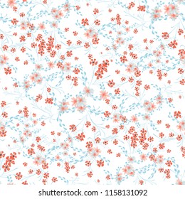 Small Flowers. Seamless Pattern with Cute Daisy Flowers and Pansies. Trendy Texture in Country Style for Fabric, Calico, Chintz. Vector Spring Rapport.