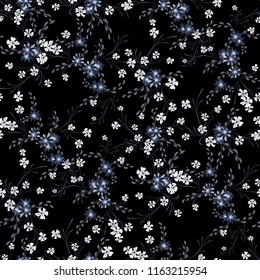 Small Flowers. Seamless Pattern with Cute Daisy Flowers and Pansies. Feminine Texture in Liberty Style for Cloth, Textile, Wallpaper. Vector Spring Rapport.
