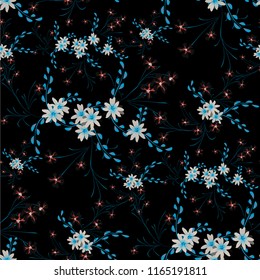 Small Flowers. Seamless Pattern with Cute Daisy Flowers and Pansies. Girlie Texture in Country Style for Linen, Textile, Chintz. Vector Spring Rapport.