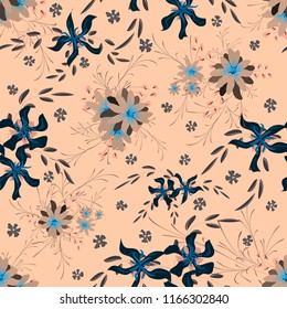 Small Flowers. Seamless Pattern with Cute Daisy Flowers and Pansies. Trendy Texture in Liberty Style for Curtains, Calico, Paper. Vector Spring Rapport.