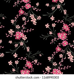 Small Flowers. Seamless Pattern with Cute Daisy Flowers and Pansies. Feminine Texture in Country Style for Linen, Textile, Chintz. Vector Spring Rapport.