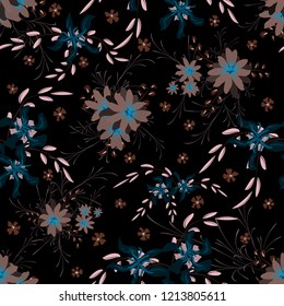 Small Flowers. Seamless Pattern with Cute Daisy Flowers and Pansies. Feminine Texture in Country Style for Fabric, Print, Textile. Vector Spring Rapport.