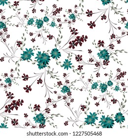 Small Flowers. Seamless Pattern with Cute Daisy Flowers and Pansies. Pretty Texture in Liberty Style for Curtains, Calico, Paper. Vector Spring Rapport.