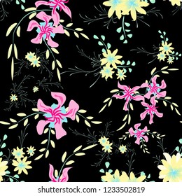 Small Flowers. Seamless Pattern with Cute Daisy Flowers and Pansies. Girlie Texture in Rustic Style for Fabric, Calico, Chintz. Vector Spring Rapport.