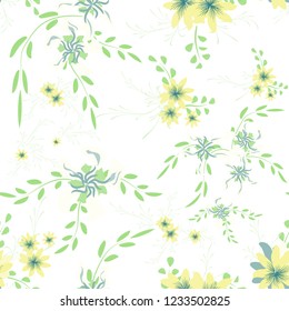 Small Flowers. Seamless Pattern with Cute Daisy Flowers and Pansies. Trendy Texture in Country Style for Fabric, Calico, Paper. Vector Spring Rapport.