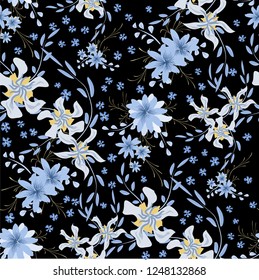 Small Flowers. Seamless Pattern with Cute Daisy Flowers and Pansies. Feminine Texture in Liberty Style for Curtains, Print, Textile. Vector Spring Rapport.